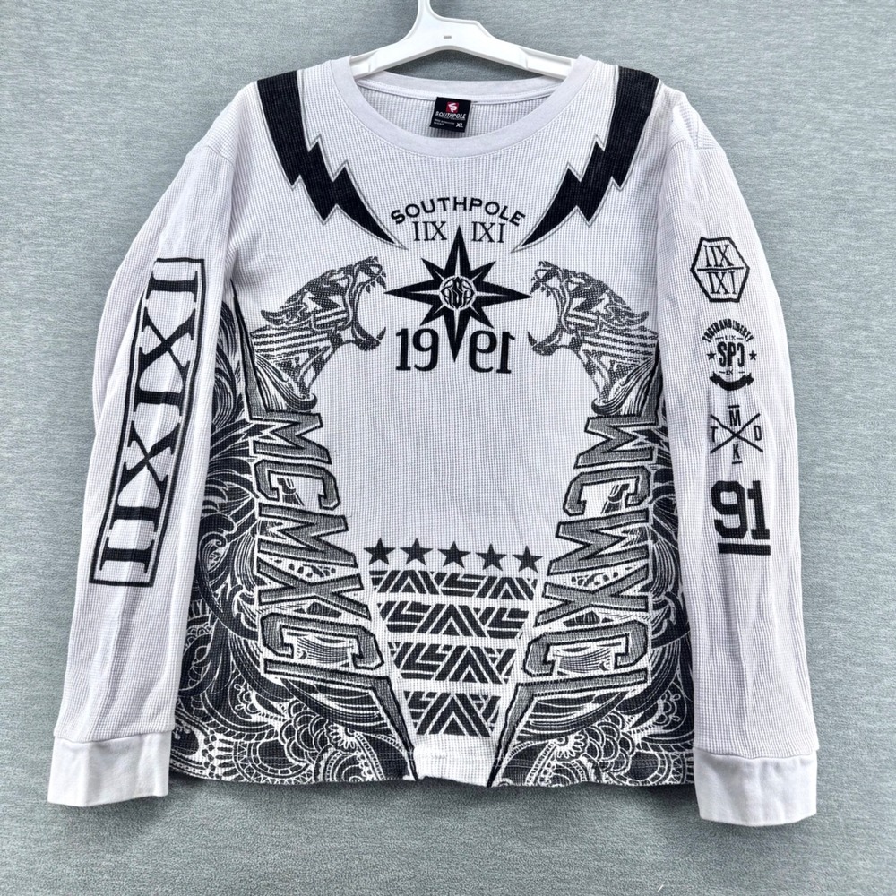 Vintage Southpole Shirt Men XL White Thermal Graphic Long Sleeve Waffle Knit Y2K